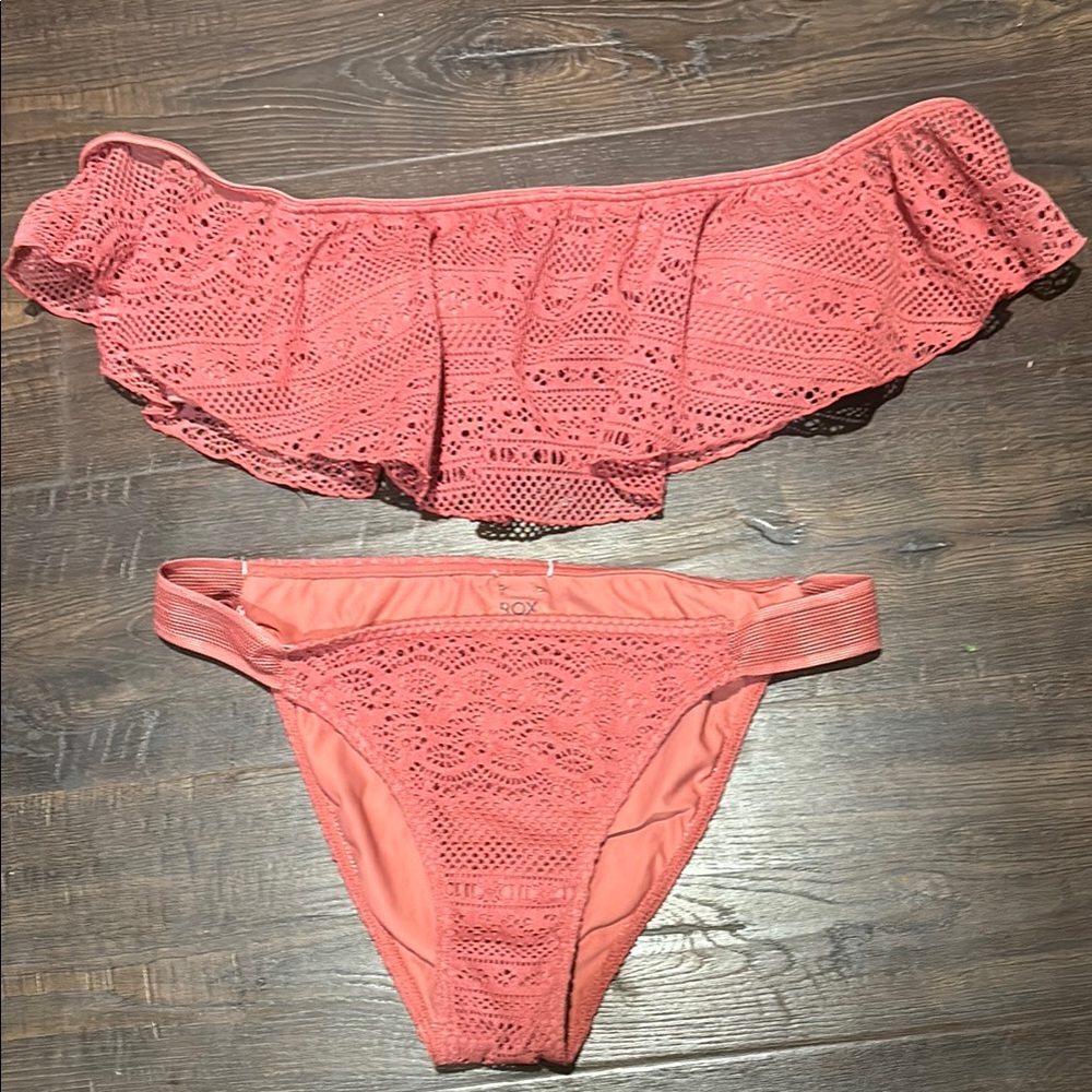 Coral Lace Off-Shoulder Bikini Set